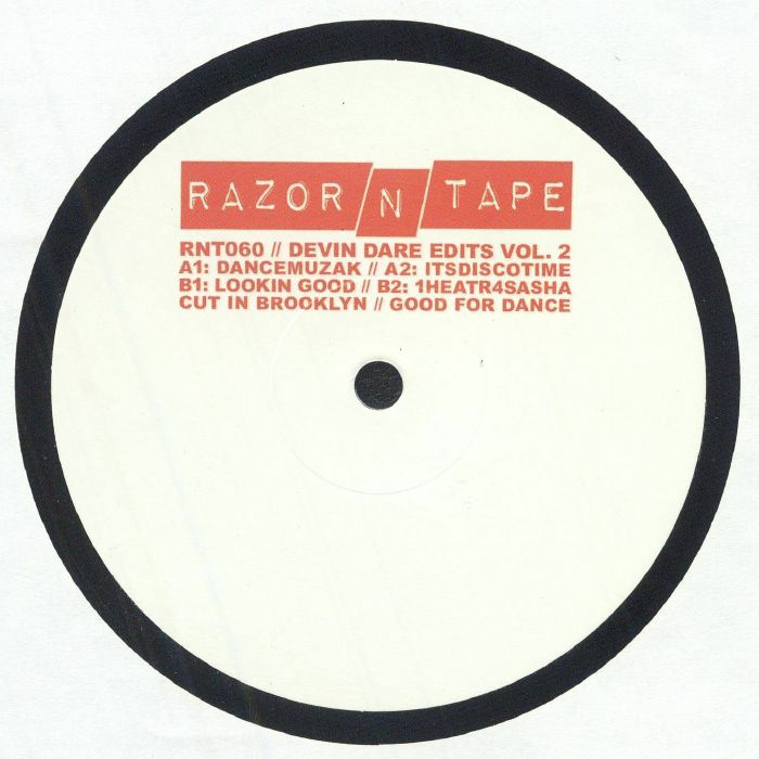 Portada del vinilo "Devin Dare Edits Vol. 2" de Devin Dare, publicado por Razor-N-Tape en formato 12". Diseño minimalista con texto rojo y borde negro.