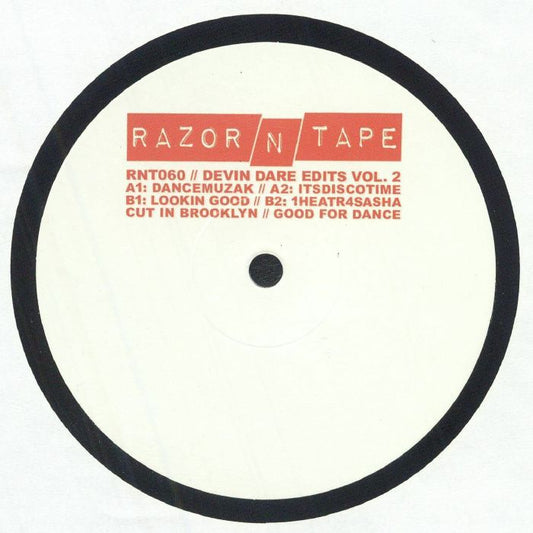 Portada del vinilo "Devin Dare Edits Vol. 2" de Devin Dare, publicado por Razor-N-Tape en formato 12". Diseño minimalista con texto rojo y borde negro.