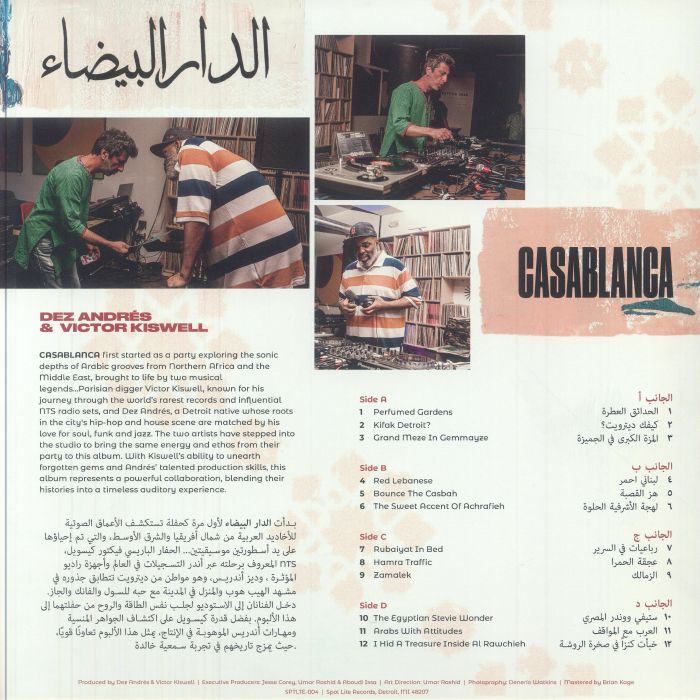 Portada trasera del vinilo Casablanca de Dez Andrés & Victor Kiswell lanzado por Spot Lite Records. Lista de canciones en inglés y árabe, fotos y créditos incluidos.