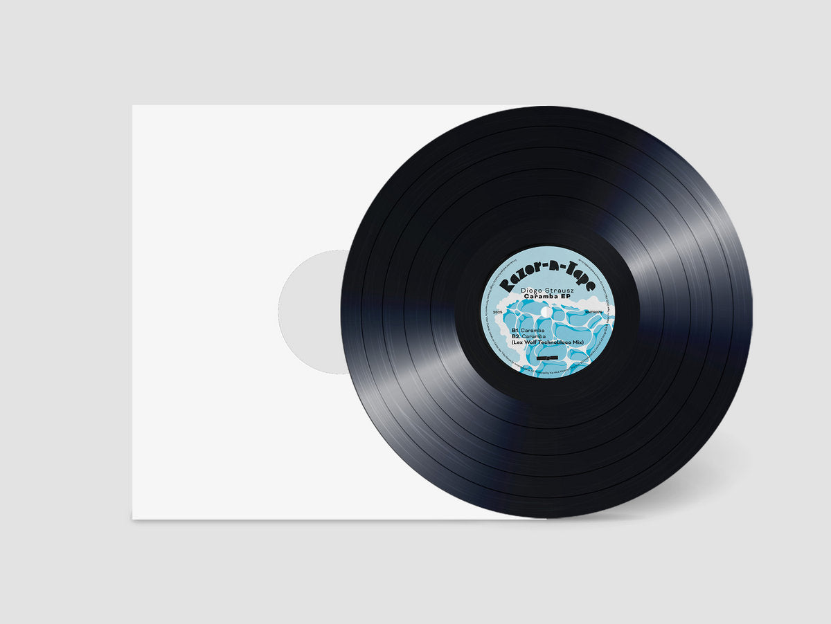 Portada trasera del vinilo de 12" con centro del disco expuesto. Disco: Diogo Strausz – Caramba EP, sello: Razor-N-Tape Reserve.