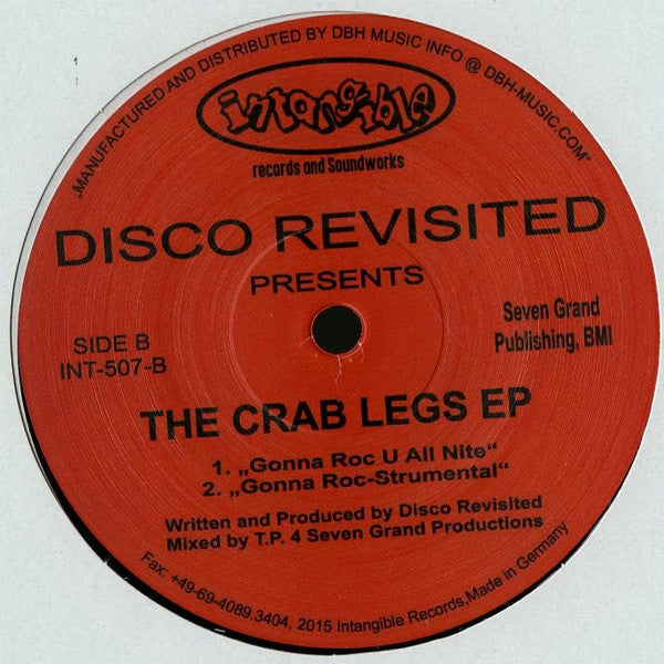 Portada trasera del vinilo 12" The Crab Legs EP de Disco Revisited, editado por Intangible Records & Soundworks. Contiene créditos y la lista de temas, con “Gonna Roc U All Nite” y su versión instrumental.