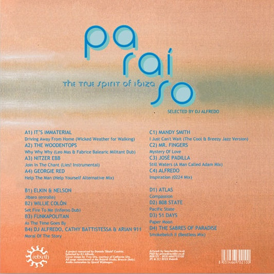 Contraportada de vinilo DJ Alfredo – Paraiso (The True Spirit Of Ibiza), tracklist completa del doble LP en fondo degradado cálido.