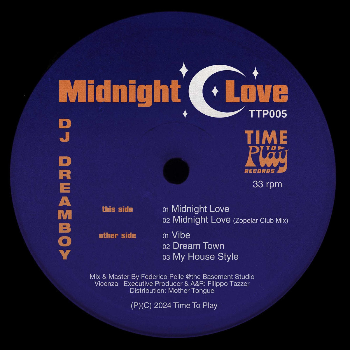 Etiqueta central lado A del vinilo Dj Dreamboy – Midnight Love en 12", incluye logo de Time To Play Records, catálogo TTP005, créditos y lista de pistas Midnight Love y remix club.