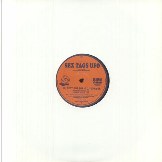 Contraportada del vinilo DJ Fett Burger & DJ Sommer – Sommer Burger House Life Vol 1 con funda blanca y centro visible del lado B con créditos y catálogo del sello Sex Tags UFO.