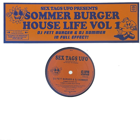 Portada del vinilo DJ Fett Burger & DJ Sommer – Sommer Burger House Life Vol 1 con banner en tonos naranja y azul, arte cartoon y logotipo del sello Sex Tags UFO.
