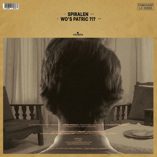 Contraportada del vinilo DJ Koze – Spiralen 12" de Pampa Records, con listado de pistas Spiralen y Wo's Patric ?!?, créditos y foto trasera en sepia.
