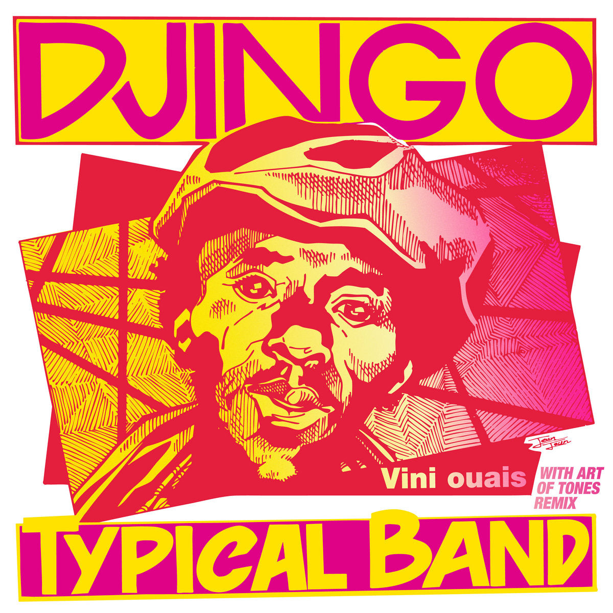 Portada del vinilo Djingo Typical Band – Vini Ouais en 12" por Heavenly Sweetness, diseño vibrante en rosa y amarillo con retrato ilustrado en primer plano.