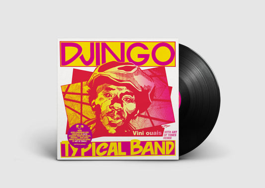 Vinilo 12" de Djingo Typical Band – Vini Ouais editado por Heavenly Sweetness, portada colorida con retrato en rojo y negro junto al disco negro parcialmente visible