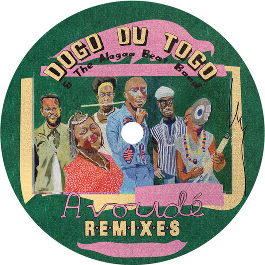 Portada delantera del vinilo de Dogo du Togo & The Alagaa Beat Band – Avoudé Remixes, publicado por Sol Power Sound. Texto impreso: “Avoudé Remixes” con ilustración del grupo.