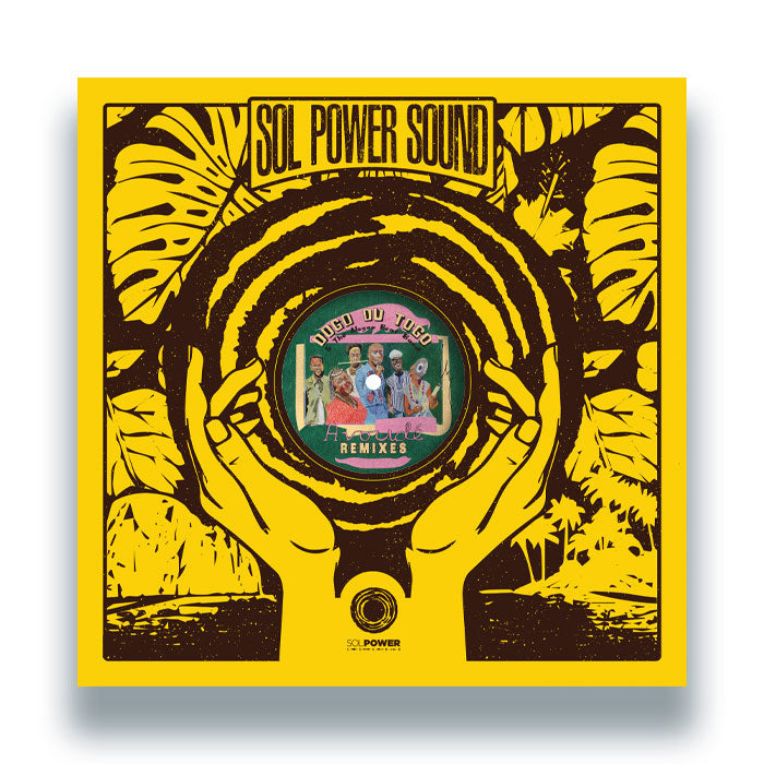 Portada completa del vinilo 12" Avoudé Remixes de Dogo du Togo & The Alagaa Beat Band, lanzado por Sol Power Sound. Texto impreso: diseño con logo y marco gráfico en amarillo.