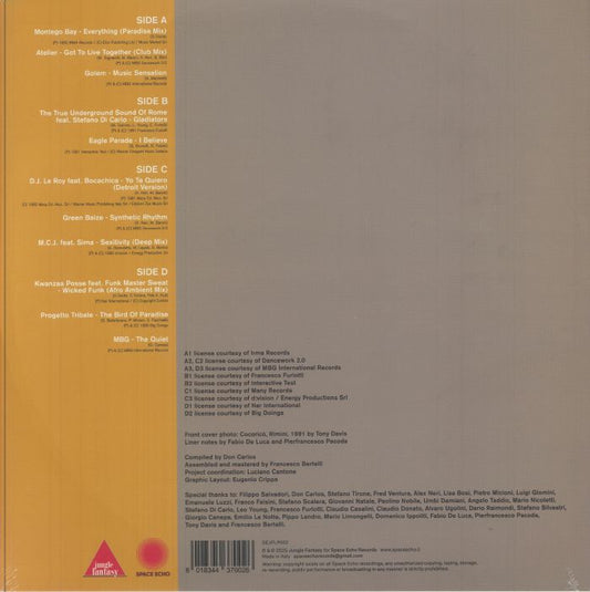 Portada trasera del vinilo Don Carlos – Echoes Of Italy (Vol. 2) publicado por Jungle Fantasy Records. Texto impreso: lista completa de canciones por cara, créditos de producción y agradecimientos.