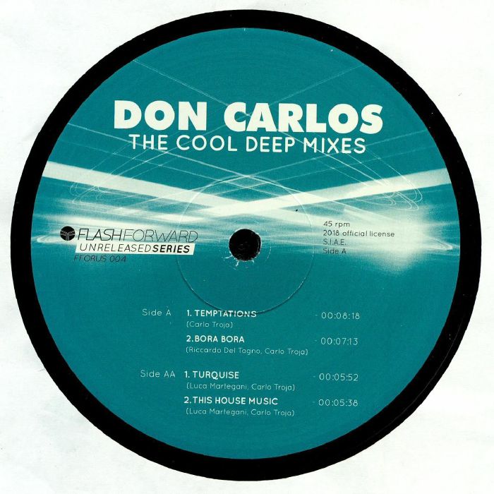 Portada delantera del vinilo "The Cool Deep Mixes" de Don Carlos, lanzado por el sello Flash Forward en formato 12". Texto impreso: título del álbum, nombre del artista y sello discográfico.