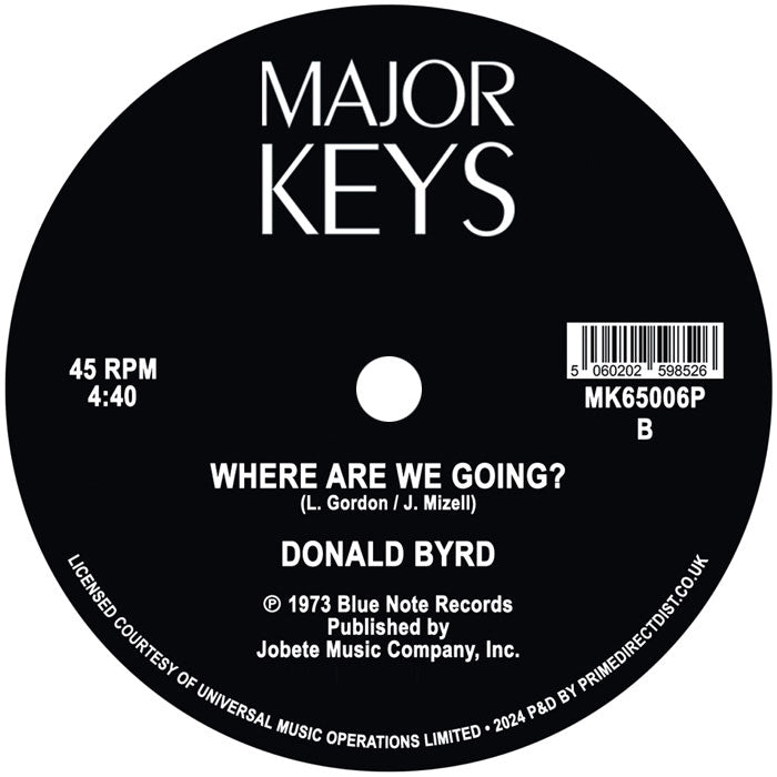 Etiqueta central lado B del vinilo Donald Byrd – Think Twice / Where Are We Going?, mostrando pista, duración y sello Major Keys.