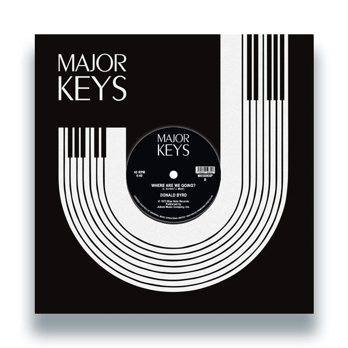 Contraportada del vinilo Donald Byrd – Think Twice / Where Are We Going? reedición 12" Major Keys, con arte en blanco y negro minimalista.