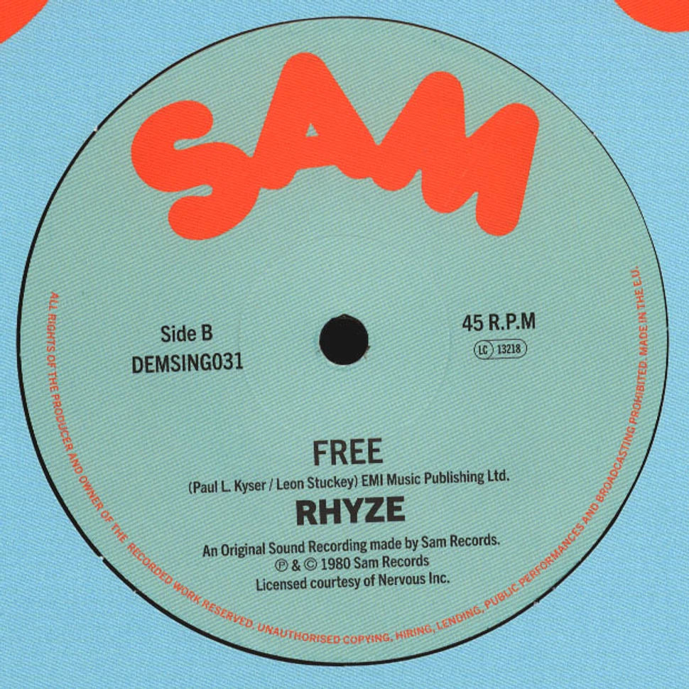 Etiqueta central del lado B del vinilo con la canción “Free” de Rhyze y detalles de Sam Records reedición 12".