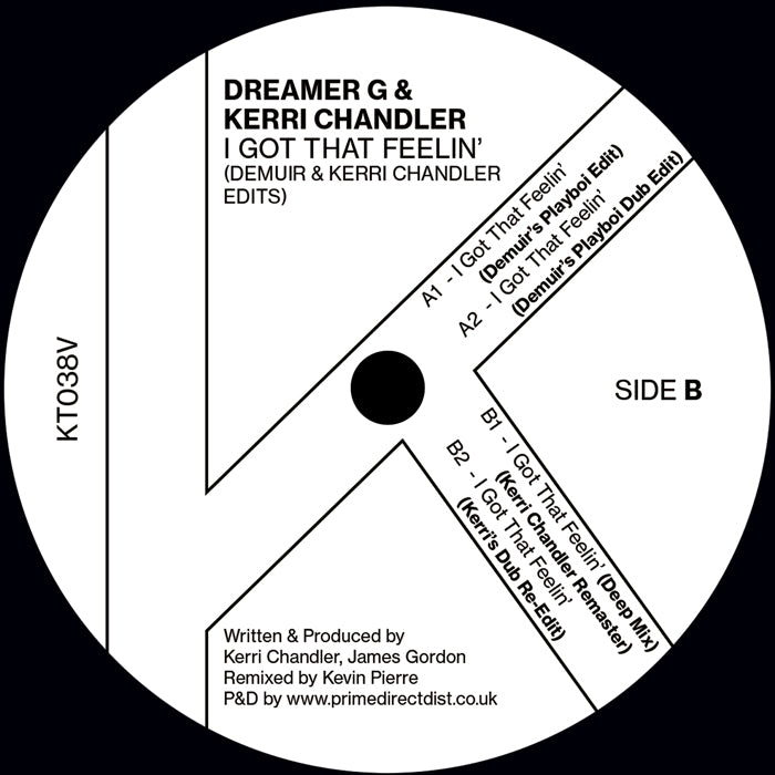 Lado B del vinilo Dreamer G & Kerri Chandler – I Got That Feelin', editado por Kaoz Theory en 12”. Texto impreso: incluye créditos, títulos de tracks y código KTO38V.