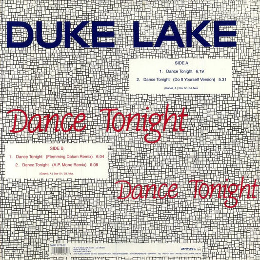 Contraportada del vinilo Duke Lake – Dance Tonight de ZYX Music, mostrando lista de pistas, versiones remix y créditos sobre el característico patrón cuadriculado.