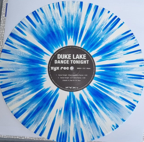 Vinilo de 12 pulgadas salpicado blanco y azul del Duke Lake – Dance Tonight, edición ZYX Music, con efecto visual único ideal para coleccionistas y sesiones de DJ.