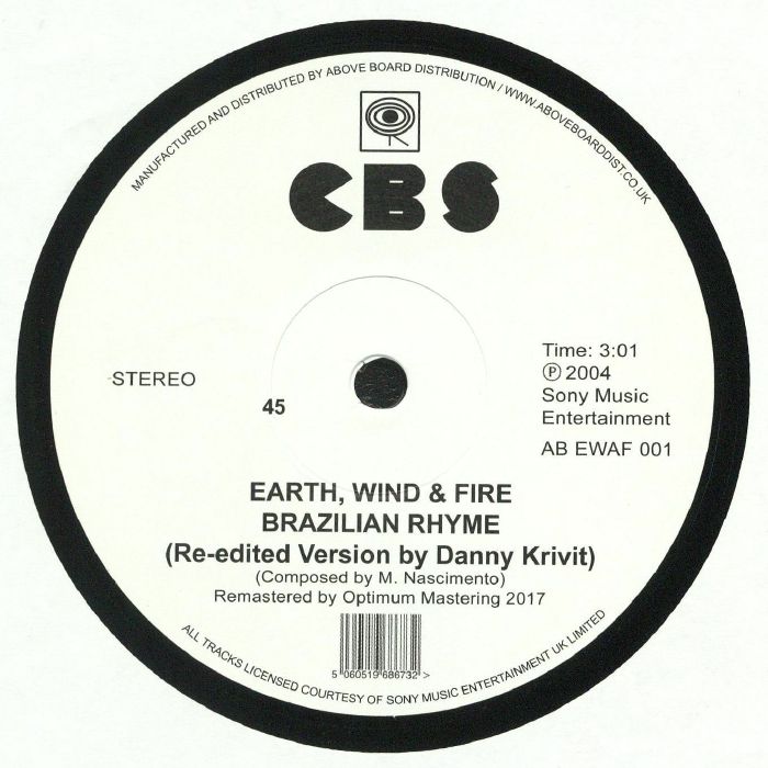 Portada delantera del vinilo de 12" de Earth, Wind & Fire – Brazilian Rhyme. Publicado por CBS. Edición re-editada por Danny Krivit.