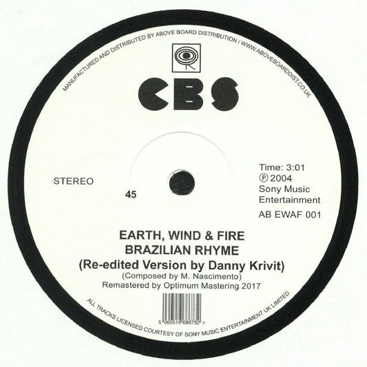 Portada delantera del vinilo de 12" de Earth, Wind & Fire – Brazilian Rhyme. Publicado por CBS. Edición re-editada por Danny Krivit.