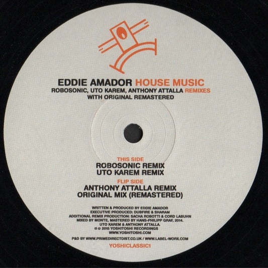 Portada delantera del vinilo de Eddie Amador – House Music (Remixes), lanzado por Yoshitoshi Recordings en formato 12". Incluye remixes de Robosonic y Uto Karem.