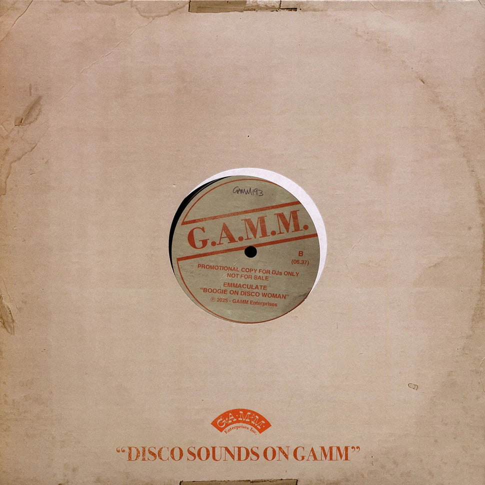 Contraportada del vinilo 12" Emmaculate & DJ Spen – Step Into A Black Whole / Boogie On Disco Woman con sello G.A.M.M.