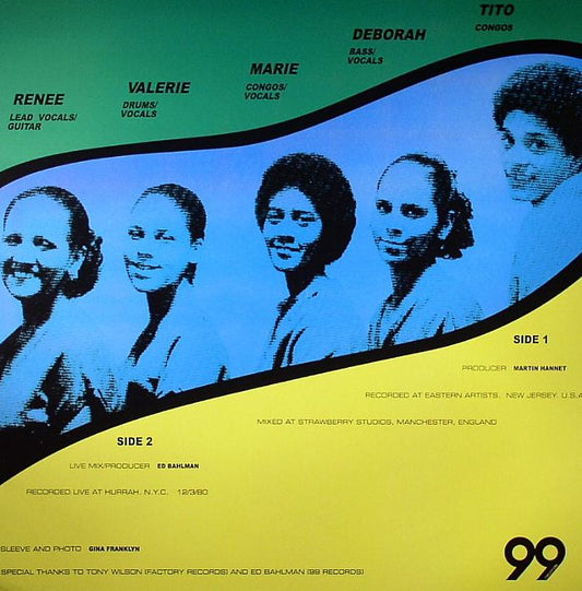 Portada trasera del vinilo ESG – ESG, editado por 99 Records. Muestra a los integrantes con créditos, lista de canciones y detalles de grabación.