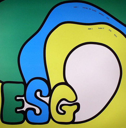 Portada delantera del vinilo ESG – ESG, lanzado bajo el sello 99 Records. Diseño colorido con formas abstractas y el nombre de la banda en grande.