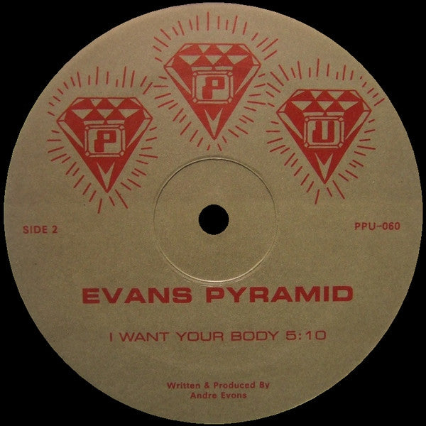 Portada trasera del vinilo Evans Pyramid – Where Love Lives, lanzado por Peoples Potential Unlimited en 12" limitado. Muestra la lista de canciones y detalles de producción.
