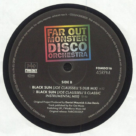 Portada trasera del vinilo de Far Out Monster Disco Orchestra – Black Sun, editado por Far Out Recordings. Incluye versiones dub e instrumental de Joe Claussell.