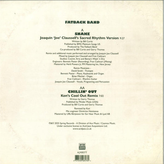 Contraportada del vinilo Fatback Band – Snake / Chillin' Out (Remixes) de Acid Jazz con créditos completos, duración de temas y detalles de grabación en fondo claro.