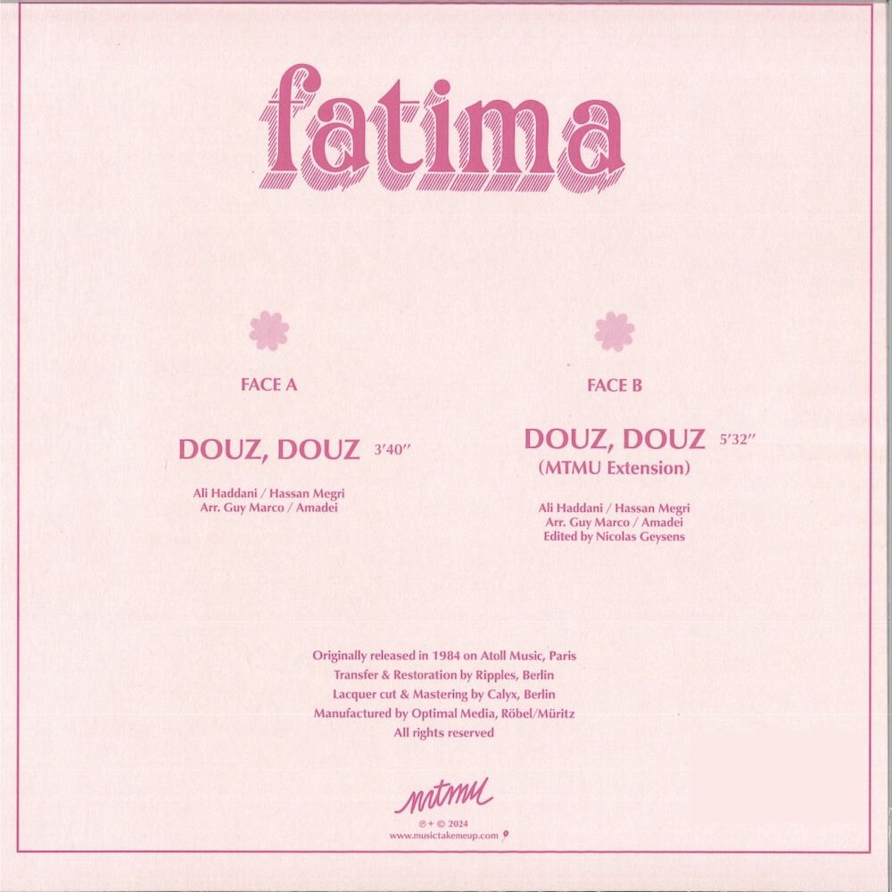 Portada trasera del vinilo Fatima – Douz, Douz del sello MTMU. Incluye créditos, pistas y duración por cada cara.