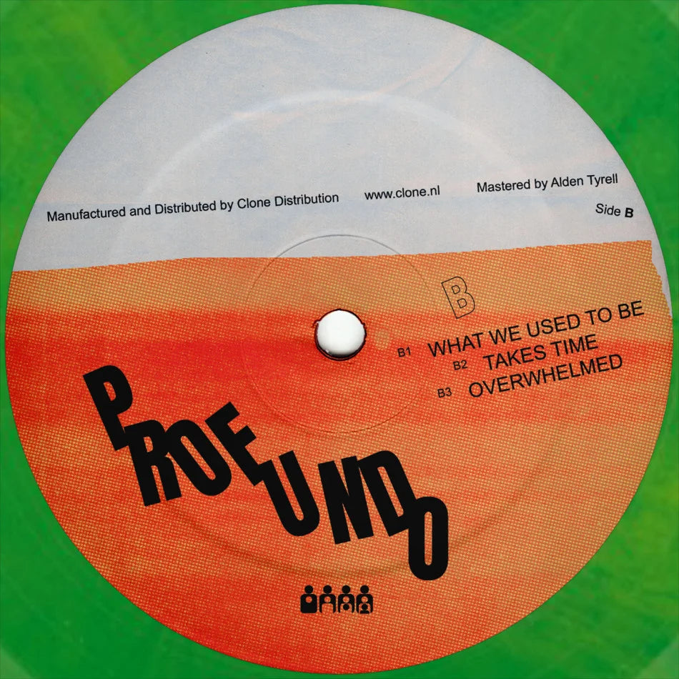 Lado B del vinilo Profundo de Felipe Gordon editado por Royal Oak, con créditos visibles. Texto impreso: What We Used To Be, Takes Time, Overwhelmed.