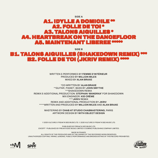 Contraportada del vinilo Femme d'Interieur – Femme d'Interieur con tracklist, créditos y logo de Vulture Music.