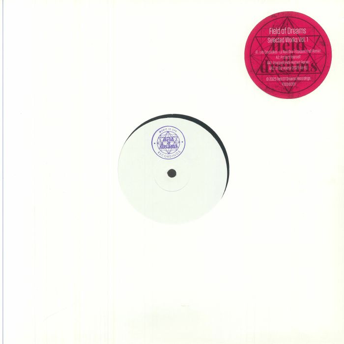 Portada delantera del vinilo con sello blanco y sticker rojo. Field Of Dreams – Selected Works Vol. 1, editado por Field Of Dreams Recordings.