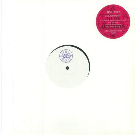 Portada delantera del vinilo con sello blanco y sticker rojo. Field Of Dreams – Selected Works Vol. 1, editado por Field Of Dreams Recordings.