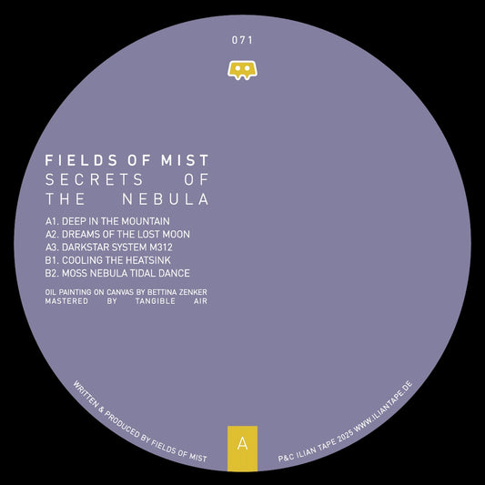 Etiqueta central del lado A del vinilo Fields Of Mist – Secret Of The Nebula con créditos, catálogo 071 e ilustración minimalista de Ilian Tape.
