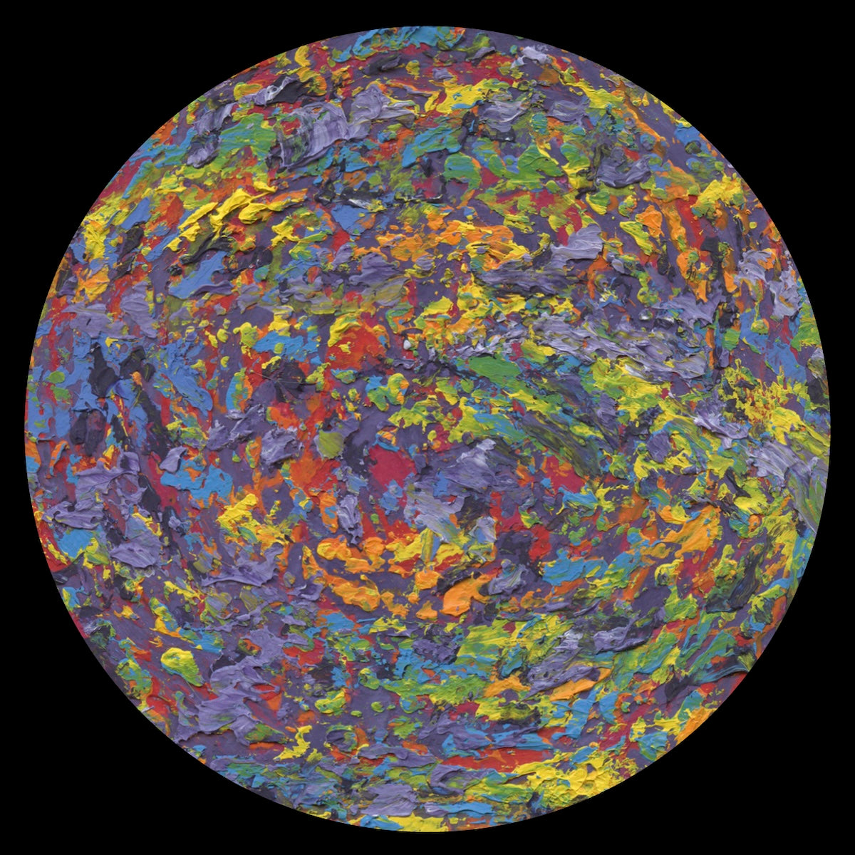 Etiqueta del lado B del vinilo Fields Of Mist – Secret Of The Nebula con arte abstracto multicolor pintado al óleo.