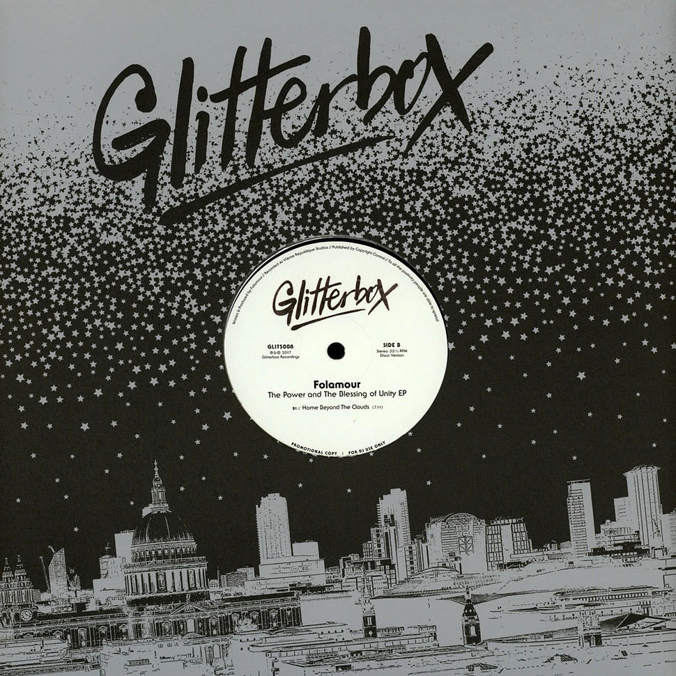 Contraportada del vinilo Folamour – The Power And The Blessing Of Unity EP en 12” EP Glitterbox, diseño estrellado continuo con ciudad ilustrada.
