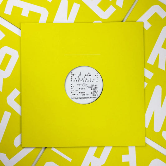Contraportada del vinilo Fouk – Get It Done EP mostrando funda amarilla lisa con ventana central y diseño minimal de Freerange Records.