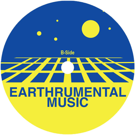 Etiqueta central del lado B del vinilo Franck Roger – Earthrumental Classics 001 con diseño geométrico amarillo y azul, el logo del sello Earthrumental Music y la indicación de B-Side.