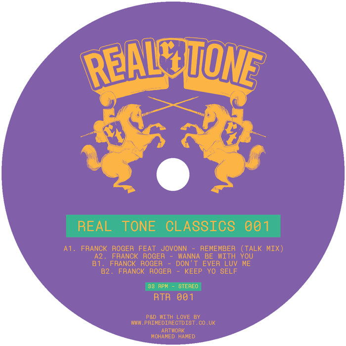 Etiqueta del lado A del vinilo Franck Roger – Real Tone Classics 001 de Real Tone Records. Impreso: incluye temas con Jovonn, título del álbum y créditos.