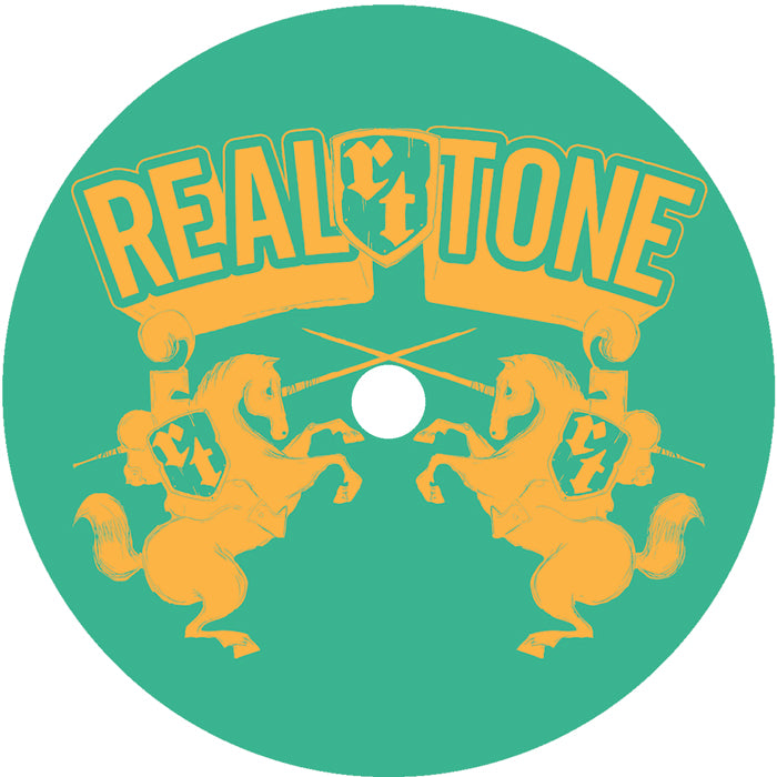 Etiqueta del lado B del vinilo Franck Roger – Real Tone Classics 001 de Real Tone Records. Impreso: logo del sello Real Tone en fondo verde.