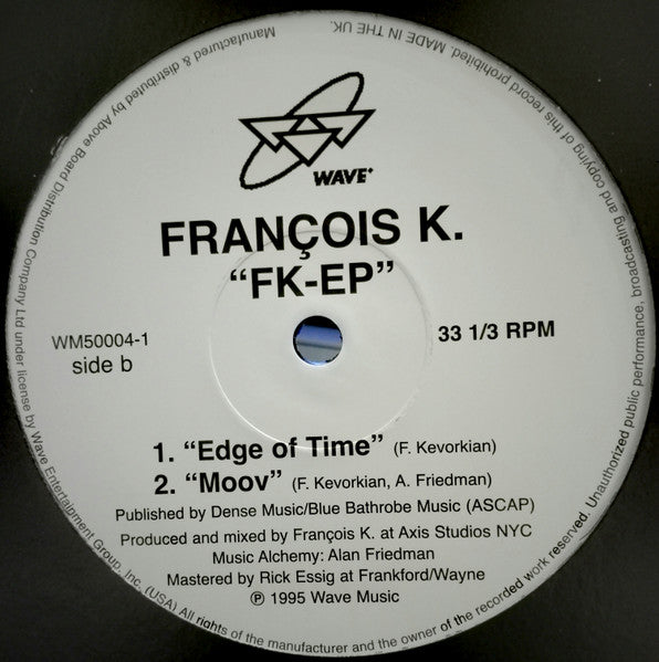 Etiqueta del lado B del vinilo con los tracks “Edge of Time” y “Moov”. Producción a cargo de François K.
