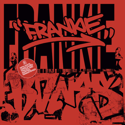 Portada en rojo y negro del vinilo Frankie Bones – Ghetto Technics "The Compilation" Vol. 1 en 12" por Oaks, con letras grafiteras y estilo urbano llamativo.