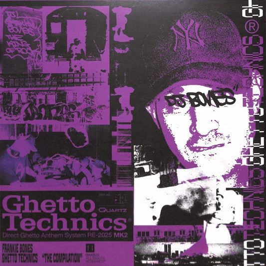 Contraportada en vinilo de Frankie Bones – Ghetto Technics “The Compilation” Vol. 2 con collage urbano en tonos púrpura y negro, sello Oaks en 12" EP.