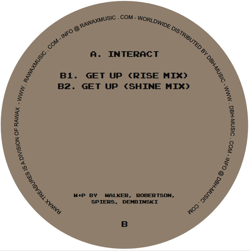 Portada trasera del vinilo Fresh & Low – Interact / Get Up, publicado por Rawax en 12", reedición. Texto impreso: A. Interact, B1. Get Up (Rise Mix), B2. Get Up (Shine Mix), créditos de producción.