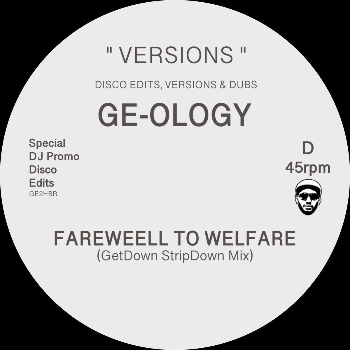 Lado D del vinilo GE-OLOGY – Versions Part One editado por Hot Biscuit Recordings. Texto impreso: FAREWELL TO WELFARE (GetDown StripDown Mix).