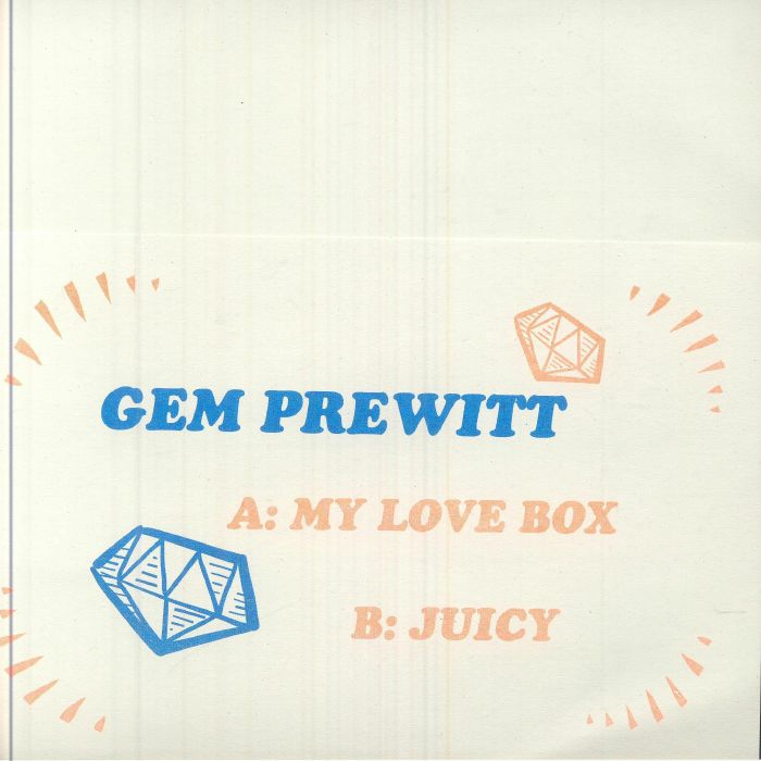 Contraportada del vinilo Gem Prewitt – My Love Box / Juicy, 7" reedición de Athens Of The North, con los títulos de las pistas en letras grandes, decoración de diamantes y diseño gráfico simple en colores pastel.
