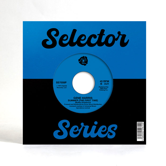 Portada trasera del vinilo Gene Harris – Losalamitoslatinfunklovesong / Summer (The First Time), lanzado por Selector Series. Texto impreso: Selector Series, Gene Harris, etiqueta azul, reedición 7".